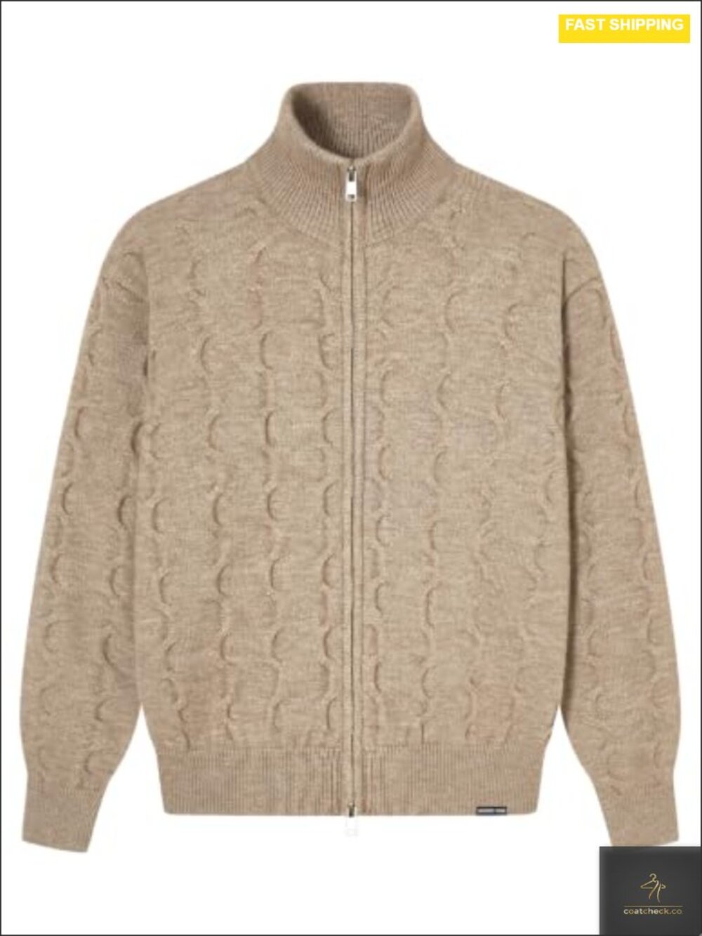 Men's Cable Knit Cardigan Sweater Double Zip Up Stand Collar Heavyweight